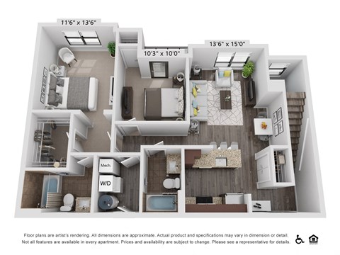 Floor plan for 2 beds, 2 baths, 1004 sqft